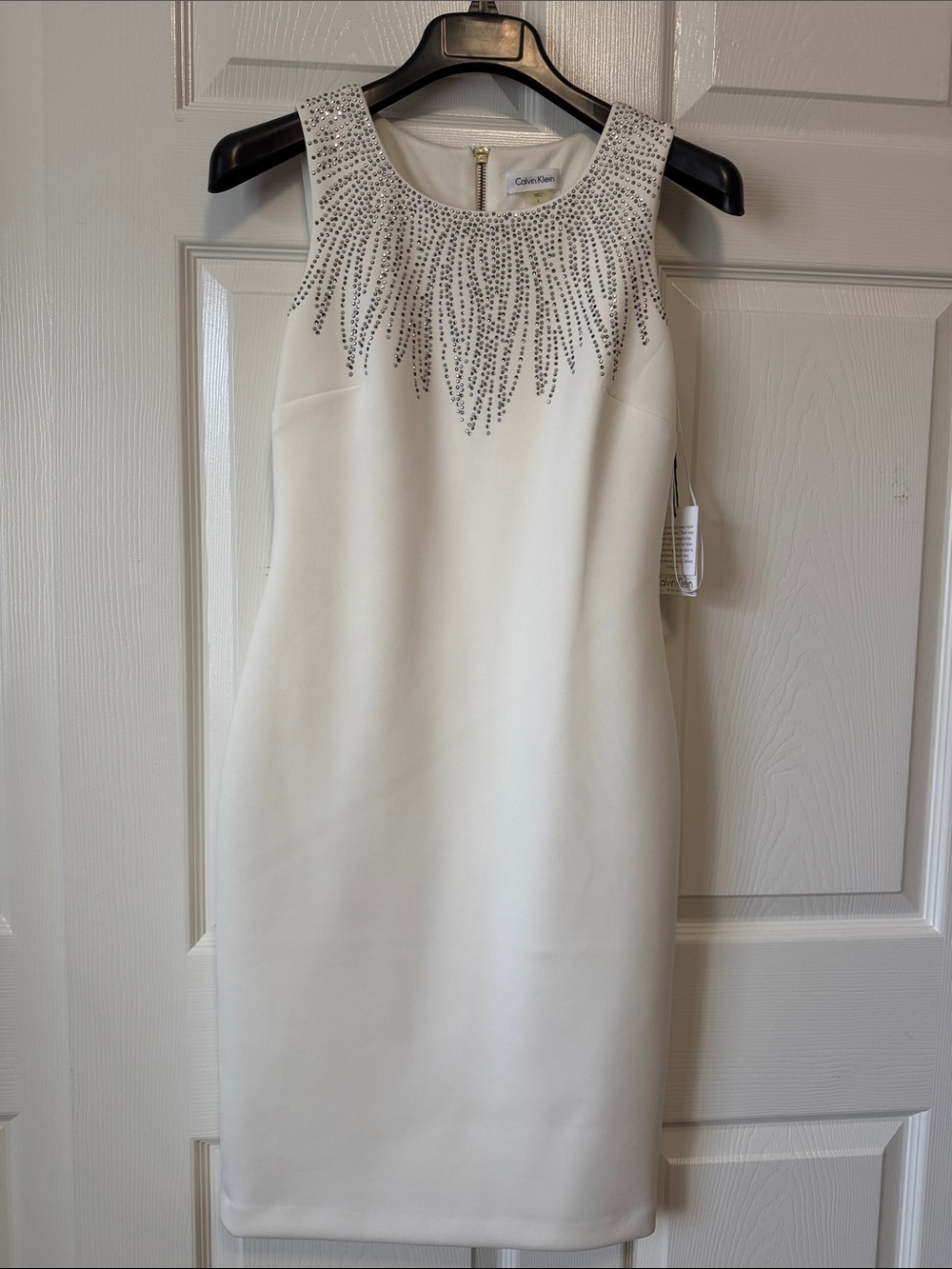Calvin Klein White Sleeveless Embellished Sheath Dress